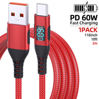 Cable de Carga USB a USB C con Pantalla LED Digital de 1m 2m 3m, Cable de Datos PD de 60W, Accesorios para Teléfono, Venta al Por Mayor