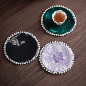 Sous-verre rond en tissu brocart à bordure perlée, isolant thermique, pour accessoire de cérémonie du thé - Product Image 1