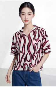 PY Korean Style Casual Geometric Loose Pleated T-shirt Women Fashion Print Stand Collar Short Sleeve Blouse 100% Polyester Bulk - Product Image 4