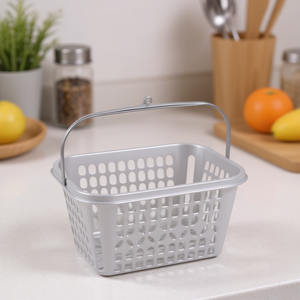 <b>Plastic</b> Storage <b>Basket</b> With Handle For Kitchen Organization Silver Color - Product Image 3