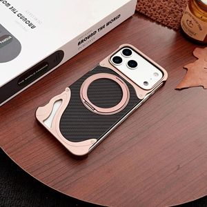 Étui de téléphone en <span class=keywords><strong>fibre</strong></span> de carbone avec support magnétique pliable en aluminium pour iPhone 17 Pro Max, étui de luxe avec support rotatif à 360° - Product Image 1