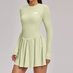 Conjunto de Falda de Tenis Personalizada con Cierre de Cremallera y Mangas Largas con Pantalones Cortos para Mujer, Vestido Deportivo de Una Pieza con Bolsillo Lateral para Teléfono para Gimnasio y Fitness - Product Image 1