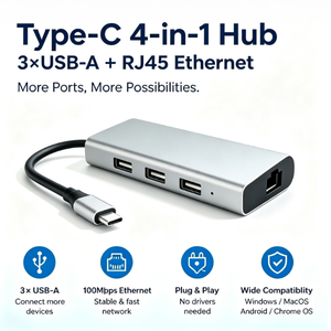 ฮับ 4 in 1 Type C อลูมิเ<span class=keywords><strong>น</strong></span>ียมอัลลอยด์ พอ<span class=keywords><strong>ร์</strong></span>ต USB-A 100Mbps อีเธอร์เ<span class=keywords><strong>น</strong></span>็ต USB 2.0 อะแดปเตอ<span class=keywords><strong>ร์</strong></span>แบบเสียบใช้งานได้ทันที สำหรับแล็ปท็อป <span class=keywords><strong>MacBook</strong></span> เดสก์ท็อป แท็บเล็ตแอ<span class=keywords><strong>น</strong></span>ดรอยด์ - Product Image 1