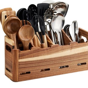 Porte-ustensiles en bois d'acacia avec plusieurs compartiments, séchage rapide, boîte de rangement pour comptoir de cuisine - Product Image 5