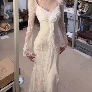 French Style 3D Floral Ribbon Long Sleeve Evening Dress Sweetheart Neckline <b>Sheer</b> Lace Fishtail <b>Maxi</b> <b>Skirt</b> For Women - Product Image 1