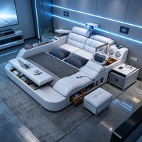 Lit double intelligent haut de gamme en tatami, en cuir véritable, avec fonction massage, lit home cinéma avec chargeur sans fil et armoire de rangement pour chambre à coucher