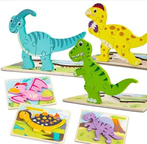 Quebra-cabeças de madeira para crianças, brinquedo educacional de quebra-cabeça 3d, ecológico, 12 desenhos, de madeira, dinossauro