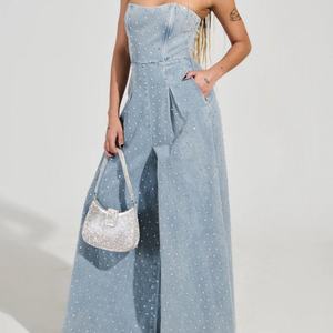 ชุดเดนิมปาร์ตี้สำหรับสาวๆ สไตล์ฮอตเกิร์ล ทรงหลวมขากว้าง ประดับคริสตัล ชุดจั๊มพ์สูทเดนิมแบบไม่มีสายรัดไหล่ - Product Image 2