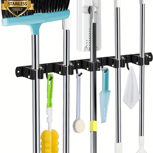 5 supports avec 4 crochets, porte-balais et porte-serpillères argenté, organisateur d'outils de <span class=keywords><strong>jardin</strong></span> et de cuisine, 4 supports, fixation murale - Product Image 4