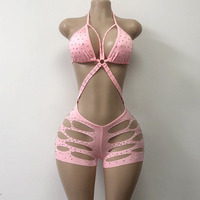 Maillot de Corps Nylon Personnalisé Femme Style Bikini Exotique Sexy avec Strass AB pour Danse de Salon ou Shorts Bodys