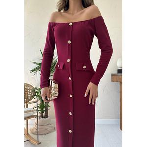 Vestido de punto color borgoña, estilo bodycon, con hombros descubiertos, cintura natural, transpirable, para mujer. - Product Image 2