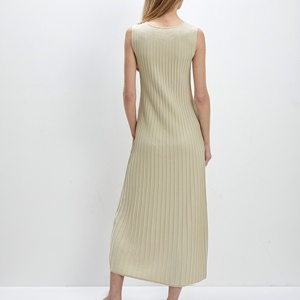 Lino algodón cintura ajustada diseño mujer cuello pico sin mangas tejido vestido largo Boutique Color sólido elegante señora vestidos para oficina - Product Image 2