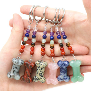 Hot Sales Mixed Stone 7 Chakra Bead Bone Keychain Healing Stones Rose Quartz Amethyst Bone Key Chain for Gift
