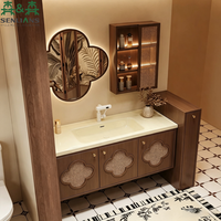 Mobile Bagno Neoclassico SLS con Specchio LED a Quattro Foglie, Mobile Sospeso in Legno con Inserto in Rattan e Lavabo Bianco Integrato