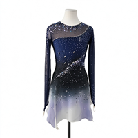 Robe de patinage et de danse dégradé bleu marine, violet et blanc, avec manches longues en maille nude et découpes ornées de strass, pour enfants et adultes, pour la compétition et la performance