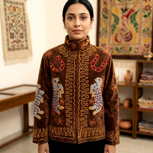 Women's <b>Velvet</b> <b>Jacket</b> Mandarin Collar Hand Embroidered Animal Pattern Full Sleeve Winter Open Closure - Product Image 1
