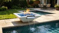 Brasero à gaz avec cascade, double flamme et fonction eau, en verre, pour aménagement extérieur moderne de piscine