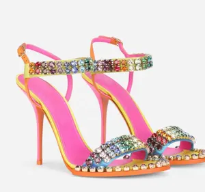 品牌钻石高跟鞋大彩虹水钻表带霓虹粉色黄色橙色外底来样定做凉鞋性感女士细高跟鞋