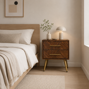 Custom Wooden <b>Bedside</b> <b>Table</b> 2 Drawer Nightstand Modern Chevron Style OEM ODM Custom Supplier Direct Supply Bedroom Furniture - Product Image 1