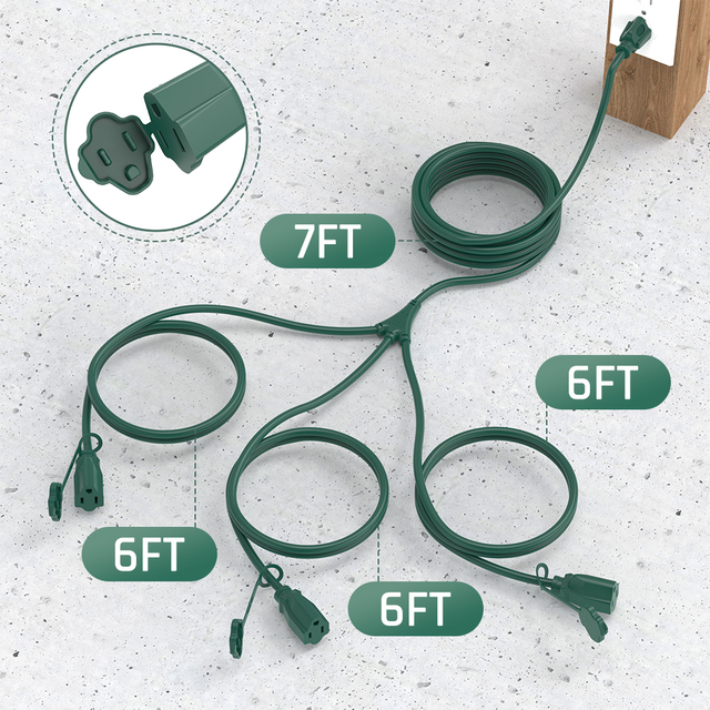 15FT Outdoor Green Extension Cord with Multiple Outlets, Evenly Spaced 3 Outlets, Light Duty 16/3 SJTW Cable with Grounded Plugs