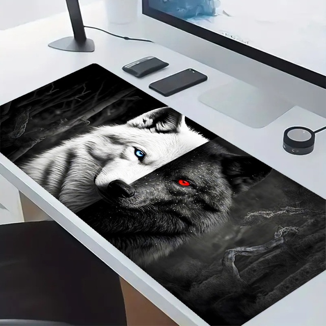 Large Gaming Mouse Pad Black and White Wolf King Design Non-Slip Base Heavy Duty for Desktop Laptop Desk Pad Office Accessories