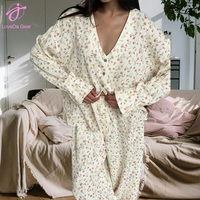 Loveda vente en gros femmes 100% coton fleur imprimé à manches longues pantalon ample deux pièces pyjamas