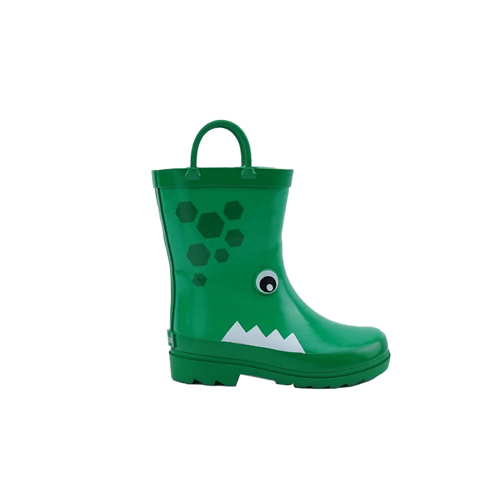 Bottes de pluie en caoutchouc pour enfants, qualité fiable, poignées faciles à tirer, dessin animé crocodile dinosaure vert, vente en gros