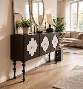 Premium Quatrefoil Inlay Wooden <b>Sideboard</b> 3-Door Large <b>Storage</b> Turned Leg Vintage Credenza For Living Room Dining Room - Product Image 3