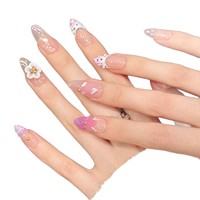TSZS Faux Ongles à Presser Amande Moyenne Rose Fuchsia Frais, Sculptés à la Main, Motif Fleur 3D et Perles Dorées
