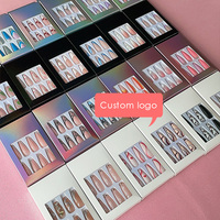 Uñas postizas acrílicas de lujo con diamantes de imitación, 24 piezas, cortas y largas, de marca privada, diseños variados, venta al por mayor, MOQ bajo
