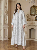 Robe Abaya ample à manches longues pour femmes, col en V, broderie géométrique, détail de pompons, décontractée, respirante, modeste, en polyester