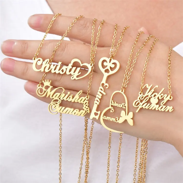 Wholesale Personalized Letter dangle charms Statement Necklaces Gold Plated Stainless Steel Custom Logo Name Pendant Necklace