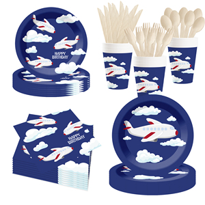 Ensemble de vaisselle de fête DAMAI, design avion bleu foncé, assiettes en papier, gobelets, serviettes, décorations joyeux anniversaire, vaisselle jetable - Product Image 4