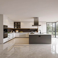 Meubles de cuisine modernes personnalisés en MFC imitation bois, vente en gros, armoires de cuisine durables en panneaux de particules avec étagères LED