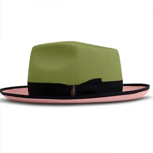 Olive Green pink Wool Fedora <b>Hat</b> With Black <b>Band</b> Unisex Adult Casual Spring Autumn Formal Style - Product Image 1