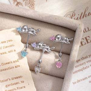 Nouvelles Boucles d'oreilles <span class=keywords><strong>Chat</strong></span> et Cœur, Piercing d'oreille Hélice Flottante, Design Original, en Acier Titane Couleur Argent avec Zircon Rose, Bijoux d'oreille Tendance - Product Image 1