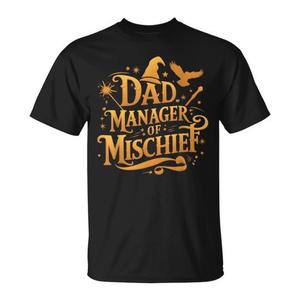 T-shirt Dad Manager Of Mischief per la festa del papà, a tema magico, in cotone nero, taglia adulta - Product Image 1