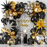 Kit Guirlande Arche Joyeux Nouvel An 2027, Nappe Fond Noir et Or, Ballons en Aluminium, Confettis Colorés en Latex, Décoration de Fête du Nouvel An