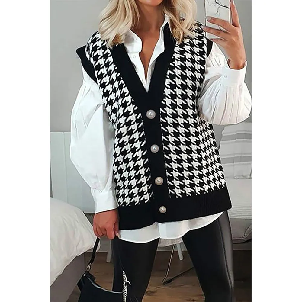 2022 Spring Autumn Winter Knitted Casual Fashion Jumper V Neck Houndstooth Vest Cardigan Black Sleeveless Sweater Women