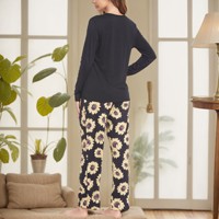 Ensemble pyjama pour femmes en tricot respirant à col en V, taille élastique, deux pièces, manches longues, pantalon imprimé avec logo sur le devant, automne-hiver