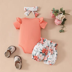 Version coréenne européenne et américaine Nouveau-né Infant Girls Flutter Sleeve Romper Short imprimé <span class=keywords><strong>Bandeau</strong></span> - Product Image 4