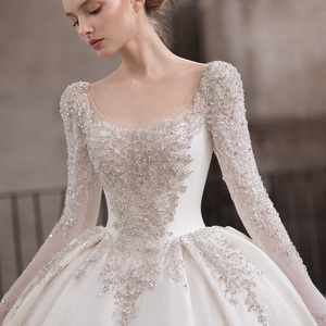 Vestido de Novia de Gala con Cuello Redondo, <span class=keywords><strong>Manga</strong></span> Larga con Efecto Ilusión, Adornado con Cristales y Apliques de Encaje, de Satén, con Cola Real, Venta al por Mayor - Product Image 5