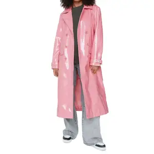 새로운 디자인 여성 멀티 컬러 PU 가죽 코트 노치 라펠 벨트 허리 긴 소매 버튼 다운 롱 라인 비닐 트렌치 코트