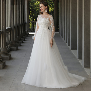 Wedding Dress A-Line O-Neck Long Sleeve Floor Length With Train Simple White Princess Style Mesh Natural Waistline - Product Image 2