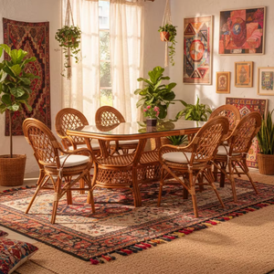 Juego de Comedor de Ratán/Mimbre JAVA en Oferta, con Diseño Asiático Tradicional, Mesa de Comedor Larga para Uso en el Hogar, Hotel o Villa - Product Image 1