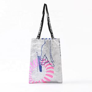 Wholesale Waterproof Splash Proof Dupont Paper Custom Print Shoulder Zipper Shopping Shiny <b>Silver</b> Tyvek <b>Tote</b> <b>Bag</b> With Pocket - Product Image 1