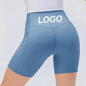 Pantalones cortos de Yoga para mujer, mallas ajustadas de cintura alta con logotipo personalizado de fábrica, talla grande, con bolsillo, para gimnasio