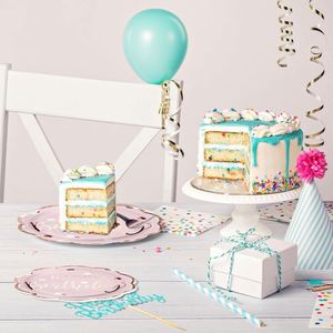 FDA Approved 9-Inch <b>Disposable</b> <b>Plate</b> 350gsm White Board with Happy Birthday Pink Foil and Scalloped Edges Party Supplies - Product Image 1