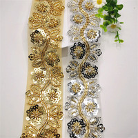 Bordure en dentelle à motif floral faite à la main avec des paillettes brillantes et des strass, en polyester/nylon, pour robes, sacs, chaussures - Accessoires pour mariage et abaya