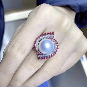 Bague haut de gamme en argent sterling S925 avec perle d'eau douce ronde naturelle de 12-11 mm, taille unique - Product Image 1